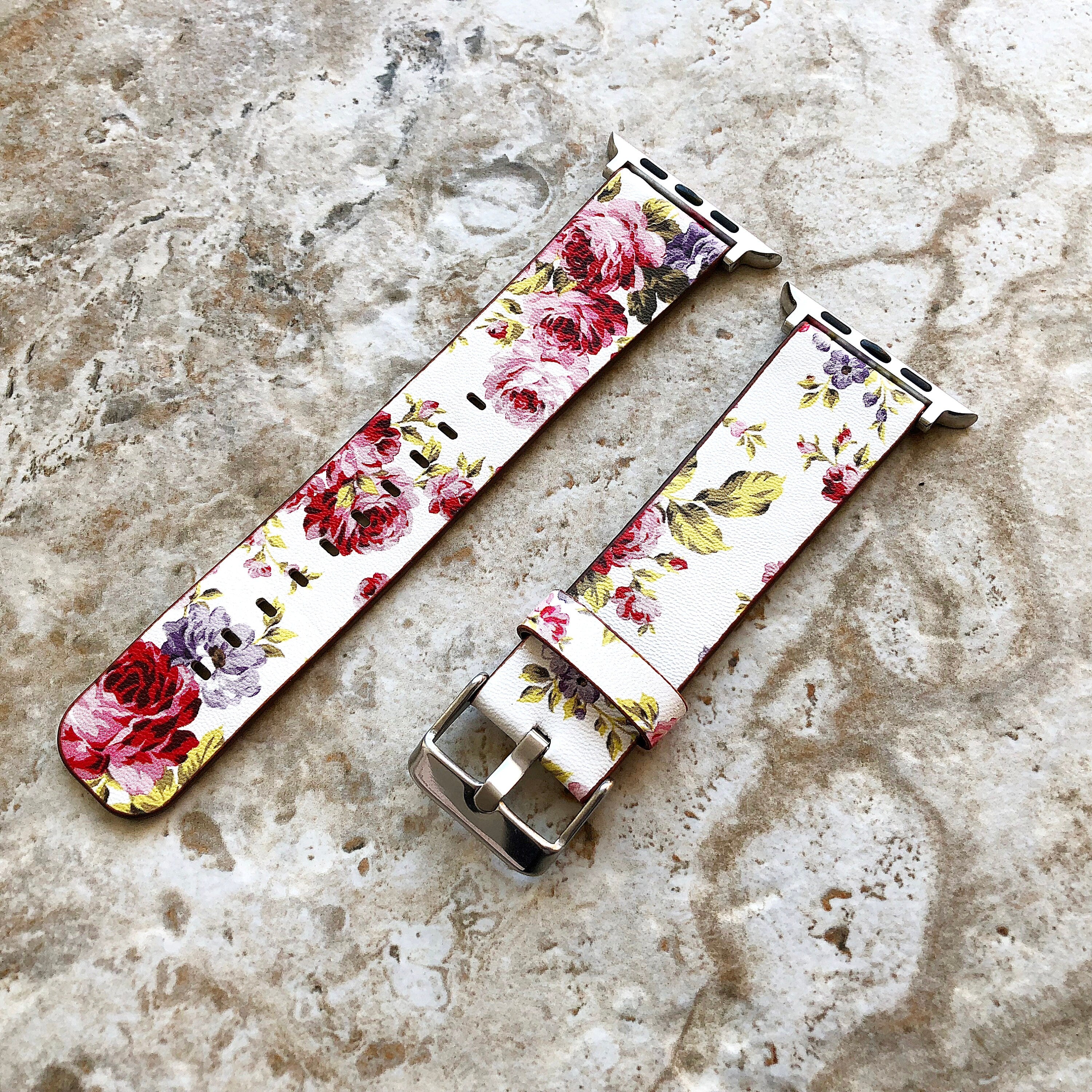 Apple Red Floral FL-3 for iWatch 38mm 40mm 41mm 42mm 44mm 45mm 49mm All Series Bracelet Soft Leather Band Strap - Ready to Attach